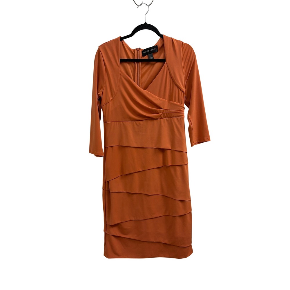 Colleen Lopez Burnt Orange Tiered Ruffle Sheath Dress 3/4 Sleeve Size S